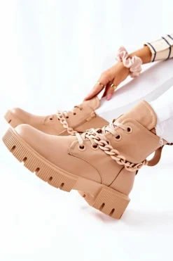 Skórzane Botki Workery Beżowe Izzy