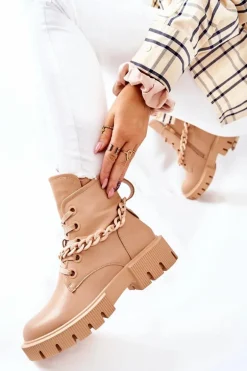 Skórzane Botki Workery Beżowe Izzy