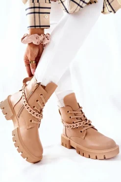 Skórzane Botki Workery Beżowe Izzy