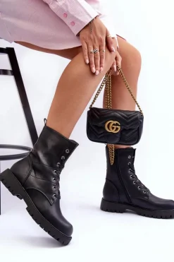 Skórzane Botki Workery Czarne Lonevis