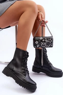 Skórzane Botki Workery Czarne Teflorna