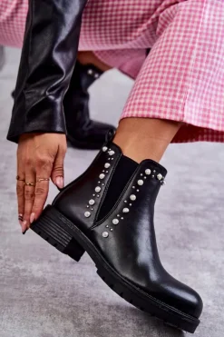 Skórzane Botki Workery Czarne Ferra