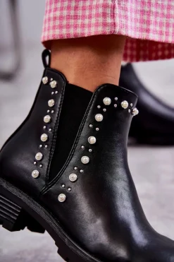 Skórzane Botki Workery Czarne Ferra