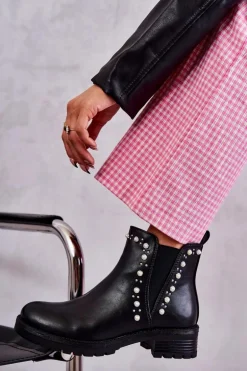 Skórzane Botki Workery Czarne Ferra