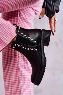 Skórzane Botki Workery Czarne Ferra