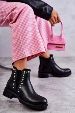 Skórzane Botki Workery Czarne Ferra