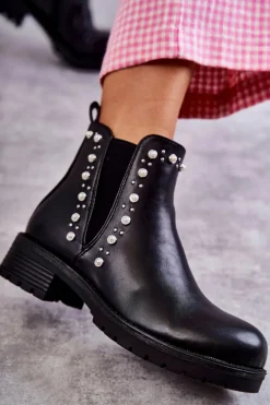 Skórzane Botki Workery Czarne Ferra