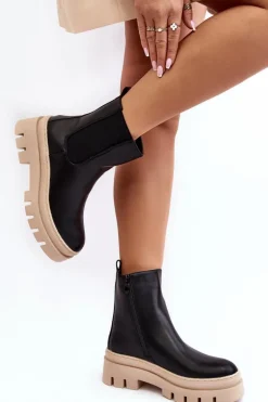 Skórzane Botki Workery Czarno-Beżowe Loretta