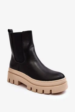 Skórzane Botki Workery Czarno-Beżowe Loretta