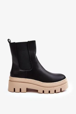 Skórzane Botki Workery Czarno-Beżowe Loretta