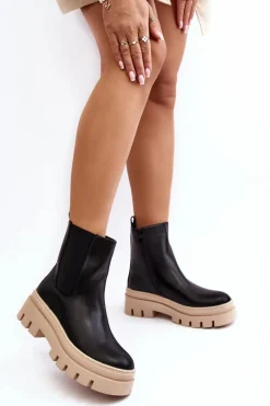 Skórzane Botki Workery Czarno-Beżowe Loretta