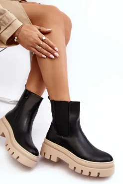 Skórzane Botki Workery Czarno-Beżowe Loretta