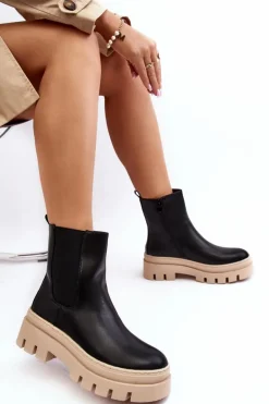 Skórzane Botki Workery Czarno-Beżowe Loretta