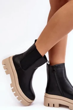 Skórzane Botki Workery Czarno-Beżowe Loretta