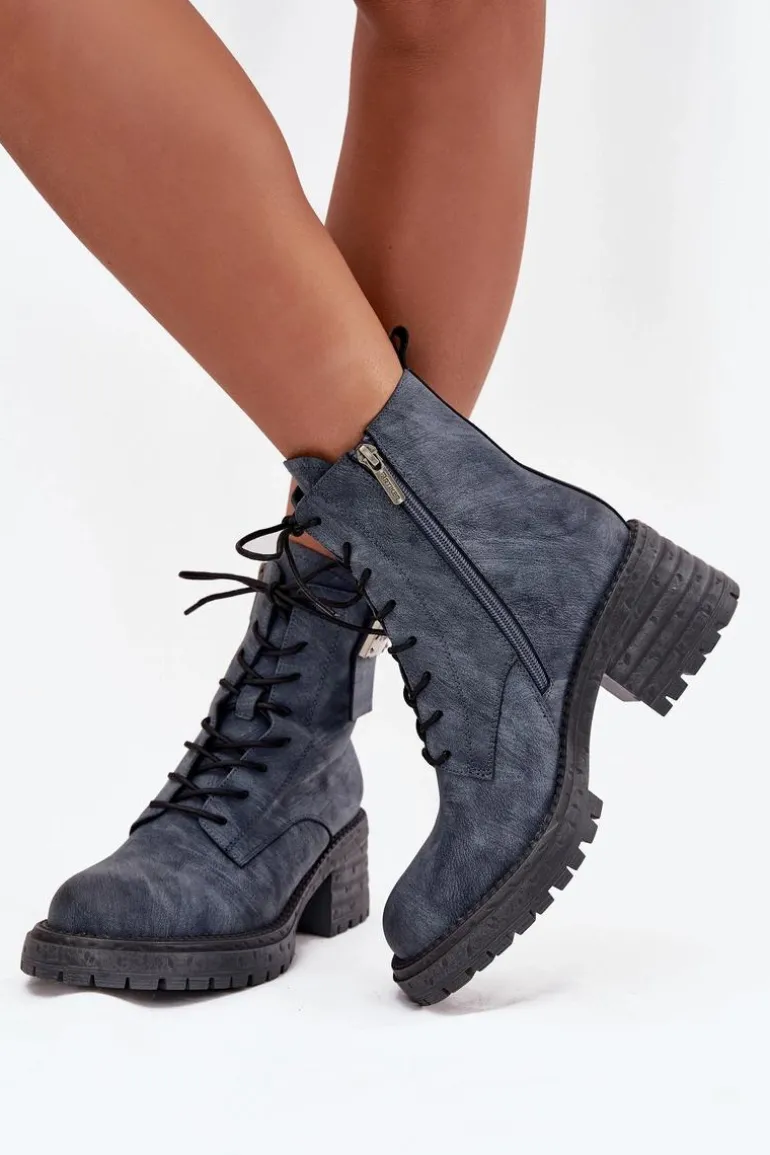 Skórzane Botki Workery Damskie Na Klocku Z Ozdobnym Detalem Artiker 57C0212 Niebieskie