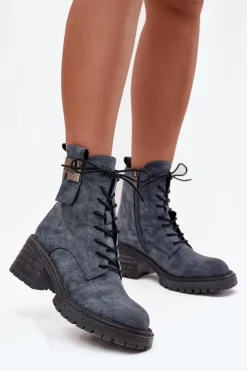 Skórzane Botki Workery Damskie Na Klocku Z Ozdobnym Detalem Artiker 57C0212 Niebieskie