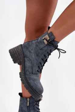 Skórzane Botki Workery Damskie Na Klocku Z Ozdobnym Detalem Artiker 57C0212 Niebieskie