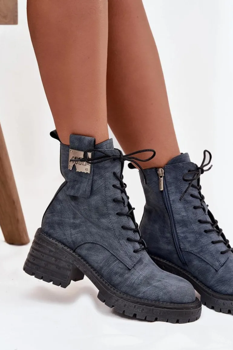 Skórzane Botki Workery Damskie Na Klocku Z Ozdobnym Detalem Artiker 57C0212 Niebieskie