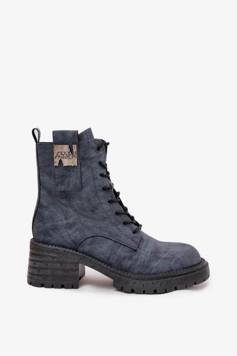 Skórzane Botki Workery Damskie Na Klocku Z Ozdobnym Detalem Artiker 57C0212 Niebieskie