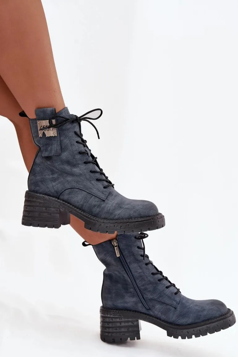 Skórzane Botki Workery Damskie Na Klocku Z Ozdobnym Detalem Artiker 57C0212 Niebieskie