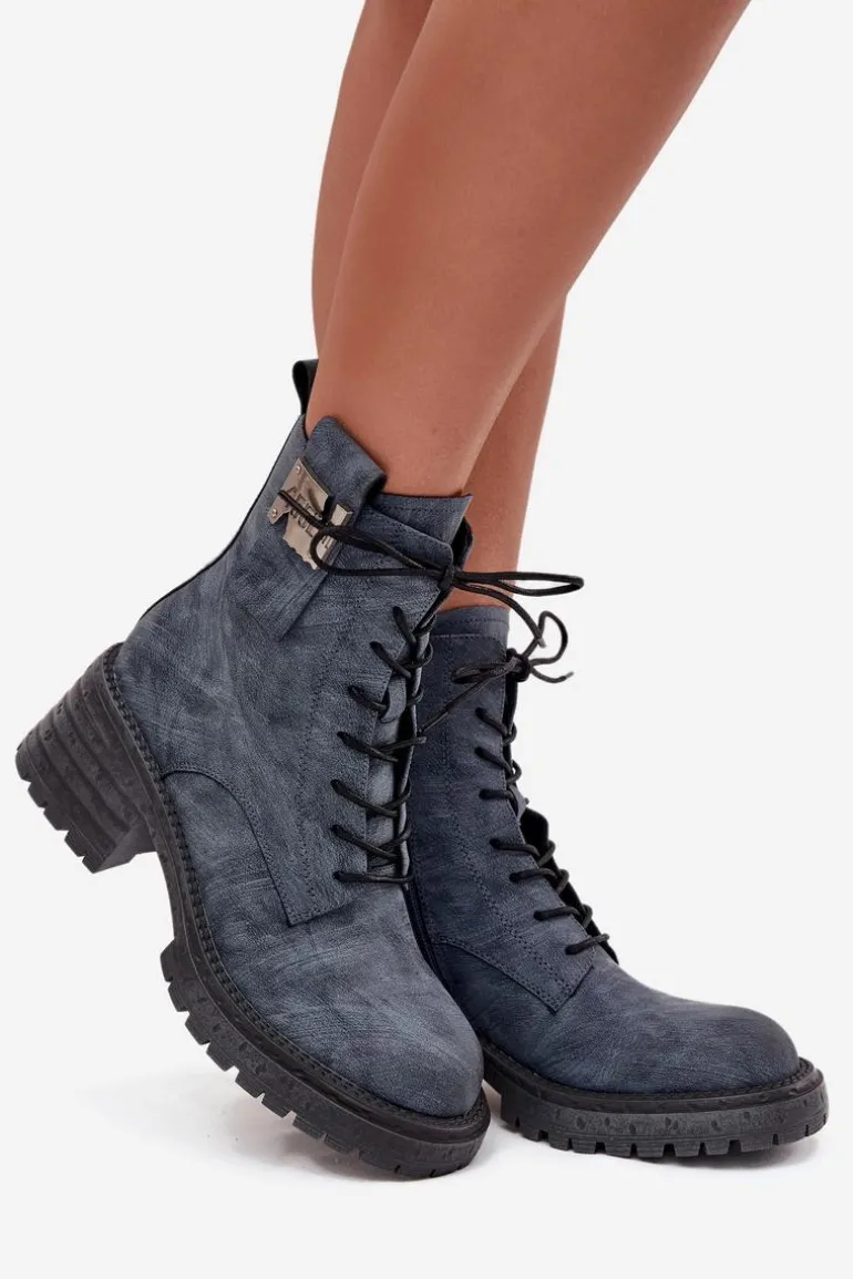 Skórzane Botki Workery Damskie Na Klocku Z Ozdobnym Detalem Artiker 57C0212 Niebieskie