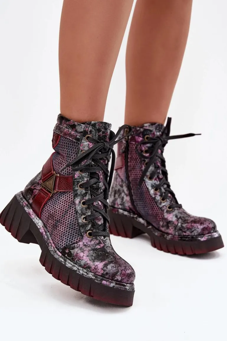 Skórzane Botki Workery Damskie Maciejka 07072-23 Bordowe