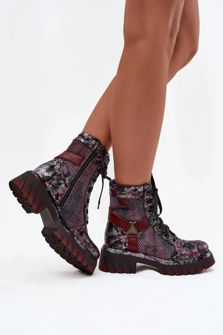 Skórzane Botki Workery Damskie Maciejka 07072-23 Bordowe