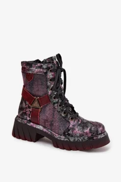 Skórzane Botki Workery Damskie Maciejka 07072-23 Bordowe