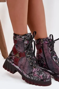 Skórzane Botki Workery Damskie Maciejka 07072-23 Bordowe