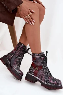 Skórzane Botki Workery Damskie Maciejka 07072-23 Bordowe