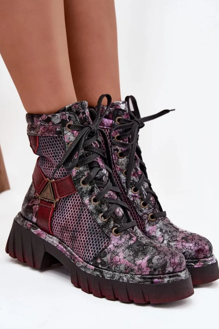 Skórzane Botki Workery Damskie Maciejka 07072-23 Bordowe