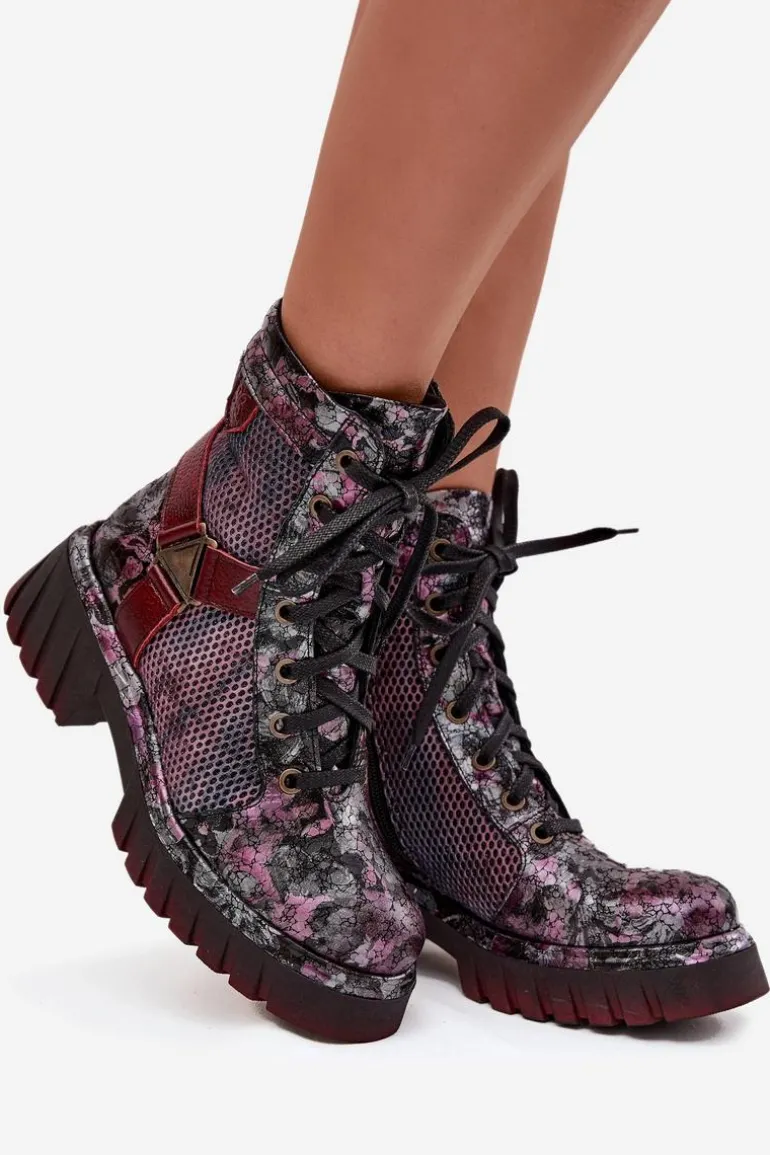 Skórzane Botki Workery Damskie Maciejka 07072-23 Bordowe