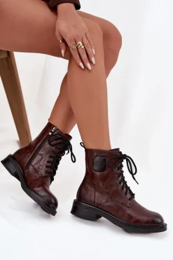 Skórzane Botki Workery Damskie Z Ozdobnym Detalem Maciejka K7180-01 Brązowe