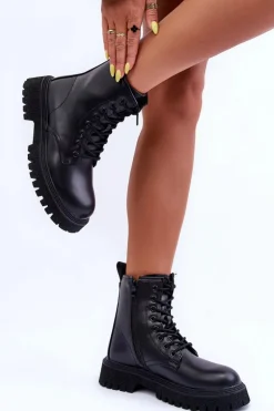 Skórzane Botki Workery Damskie Czarne Poonah