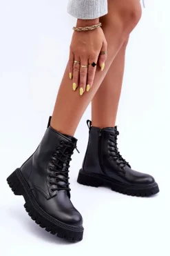 Skórzane Botki Workery Damskie Czarne Poonah