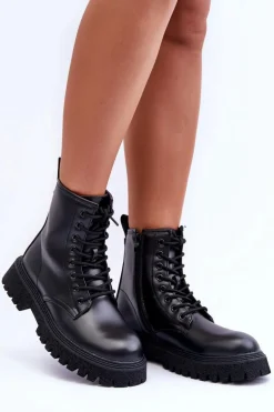 Skórzane Botki Workery Damskie Czarne Poonah