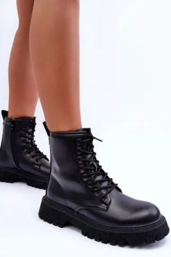 Skórzane Botki Workery Damskie Czarne Poonah