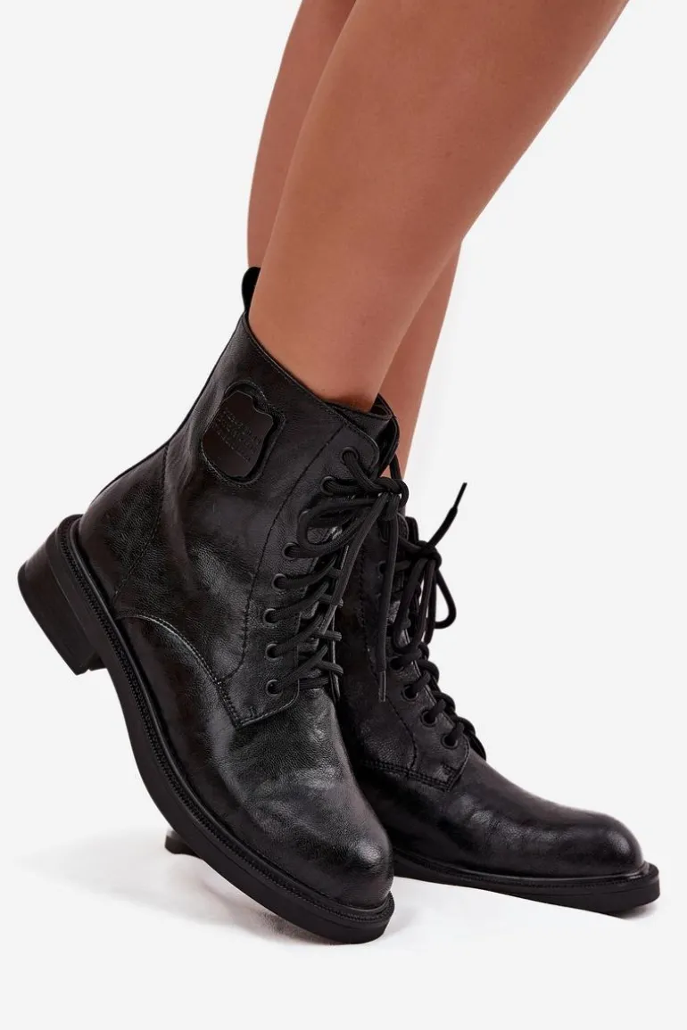 Skórzane Botki Workery Damskie Z Ozdobnym Detalem Maciejka K7180-01 Czarne