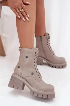 Skórzane Botki Workery Damskie Na Klocku Z Przypinkami Artiker 57C0181 Beżowe