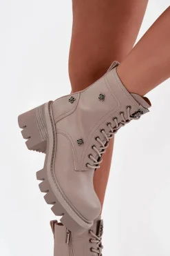 Skórzane Botki Workery Damskie Na Klocku Z Przypinkami Artiker 57C0181 Beżowe