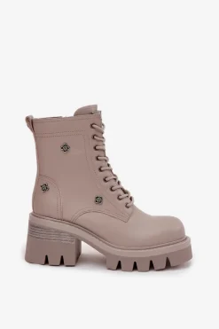 Skórzane Botki Workery Damskie Na Klocku Z Przypinkami Artiker 57C0181 Beżowe