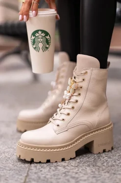 Skórzane Botki Workery Damskie Z Motylem Beżowe CheBello 4590