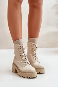 Skórzane Botki Workery Damskie Z Motylem Beżowe CheBello 4590