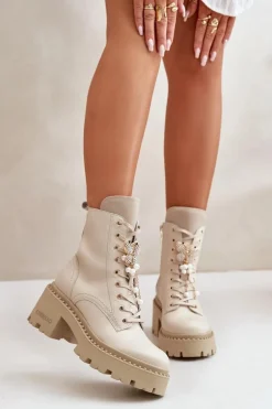 Skórzane Botki Workery Damskie Z Motylem Beżowe CheBello 4590