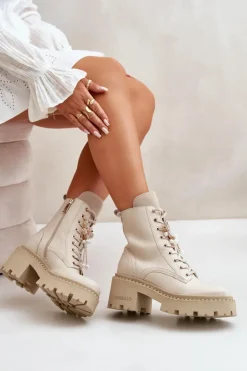 Skórzane Botki Workery Damskie Z Motylem Beżowe CheBello 4590