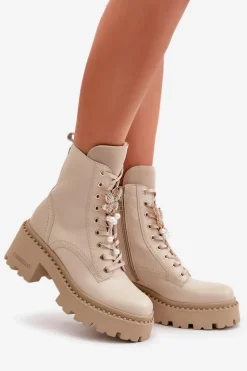 Skórzane Botki Workery Damskie Z Motylem Beżowe CheBello 4590