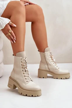 Skórzane Botki Workery Damskie Z Motylem Beżowe CheBello 4590