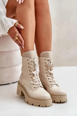 Skórzane Botki Workery Damskie Z Motylem Beżowe CheBello 4590