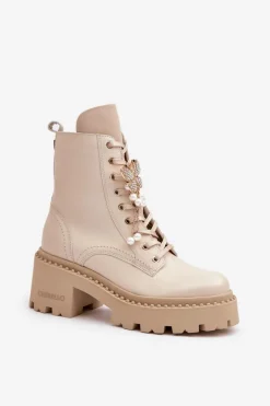 Skórzane Botki Workery Damskie Z Motylem Beżowe CheBello 4590