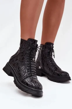 Skórzane Botki Workery Damskie Ocieplane Na Zamek Artiker 57C2257 Czarne